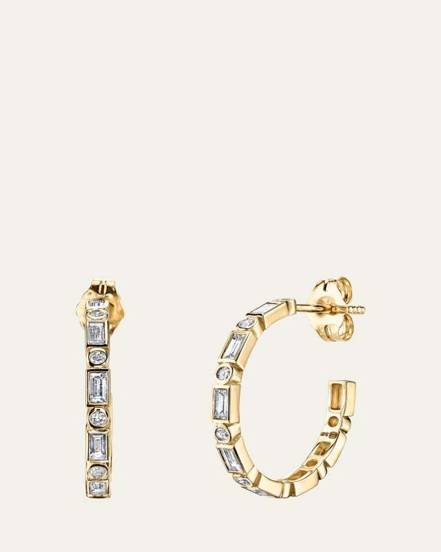 14K Gold And Diamond Baguette And Round Bezel Medium Hoops